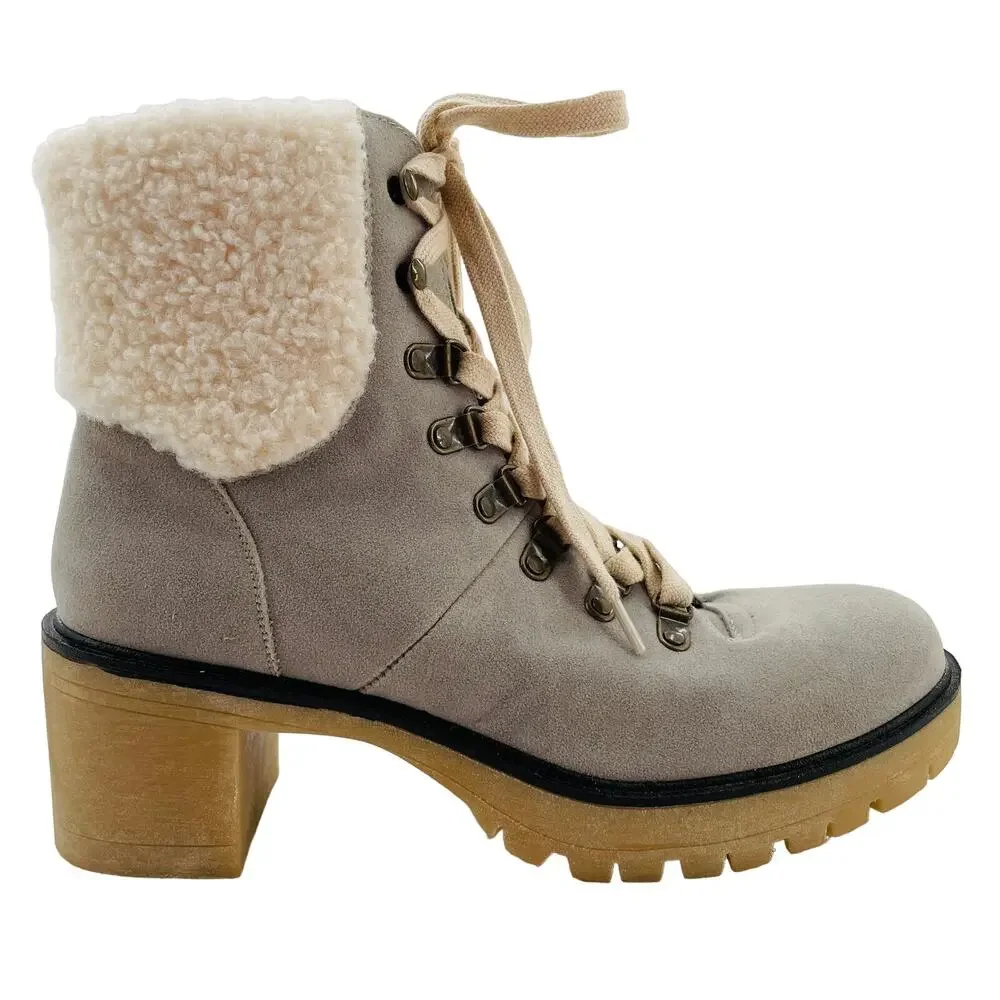 Oasis Society Gray Faux Suede Lace Up Chunky Heel Combat Military Boots 10 - Picture 3 of 14